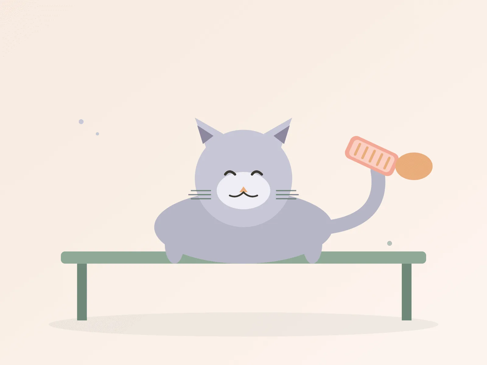 Illustration of a grey cat lying on a green grooming table while a pink brush grooms it