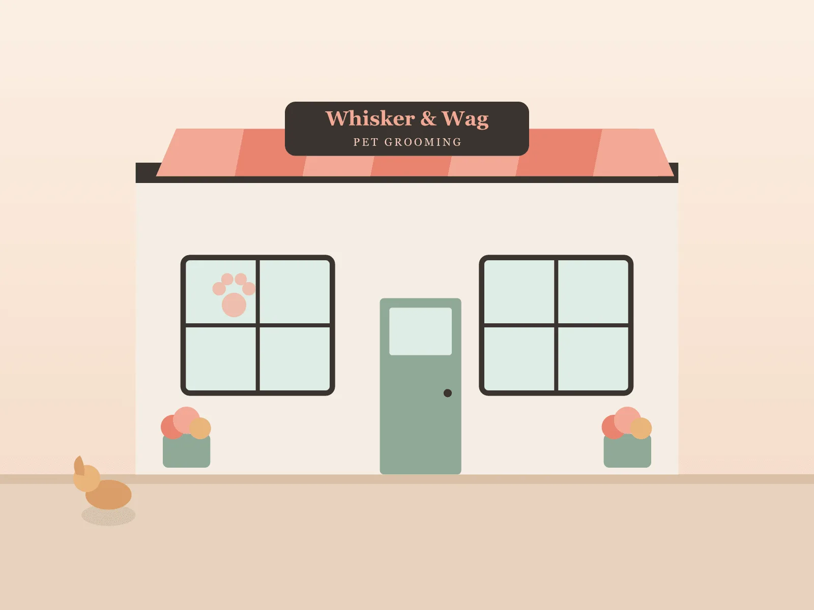 Illustration of a small shopfront with a pink striped awning, green door and a sign reading Whisker & Wag Pet Grooming