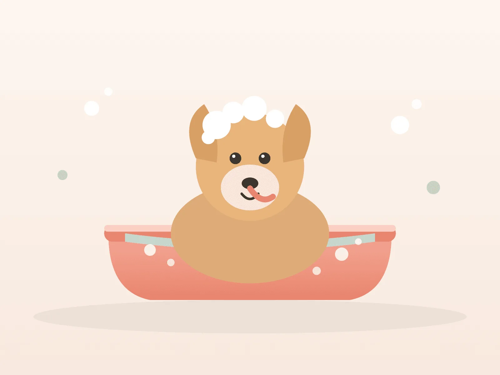 Illustration of a tan dog sitting in a pink bathtub with soap suds on its head and bubbles floating around