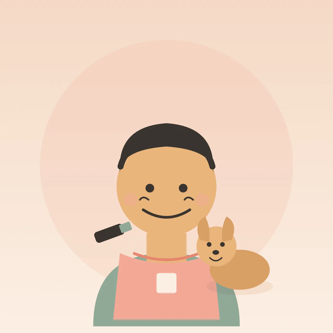 Illustration of a smiling groomer in a pink apron with clippers and a small tan dog on their shoulder